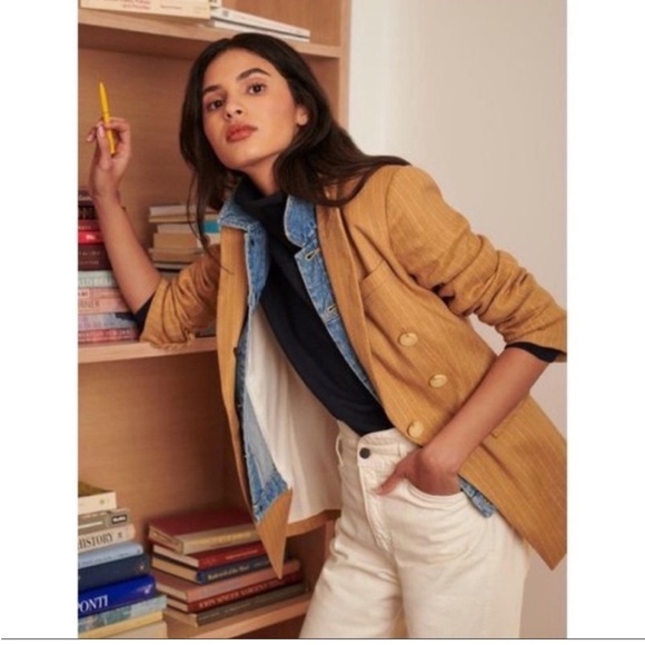 Veronica Beard‎ Gaya Linen-Blend Pinstriped Dickey Blazer Camel - Picture 1 of 11